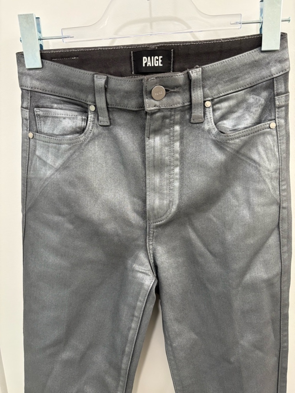 PAIGE Claudine High Waist Bootcut Jeans in Silver Shimmer Luxe Coating Size 25 - Picture 4 of 12